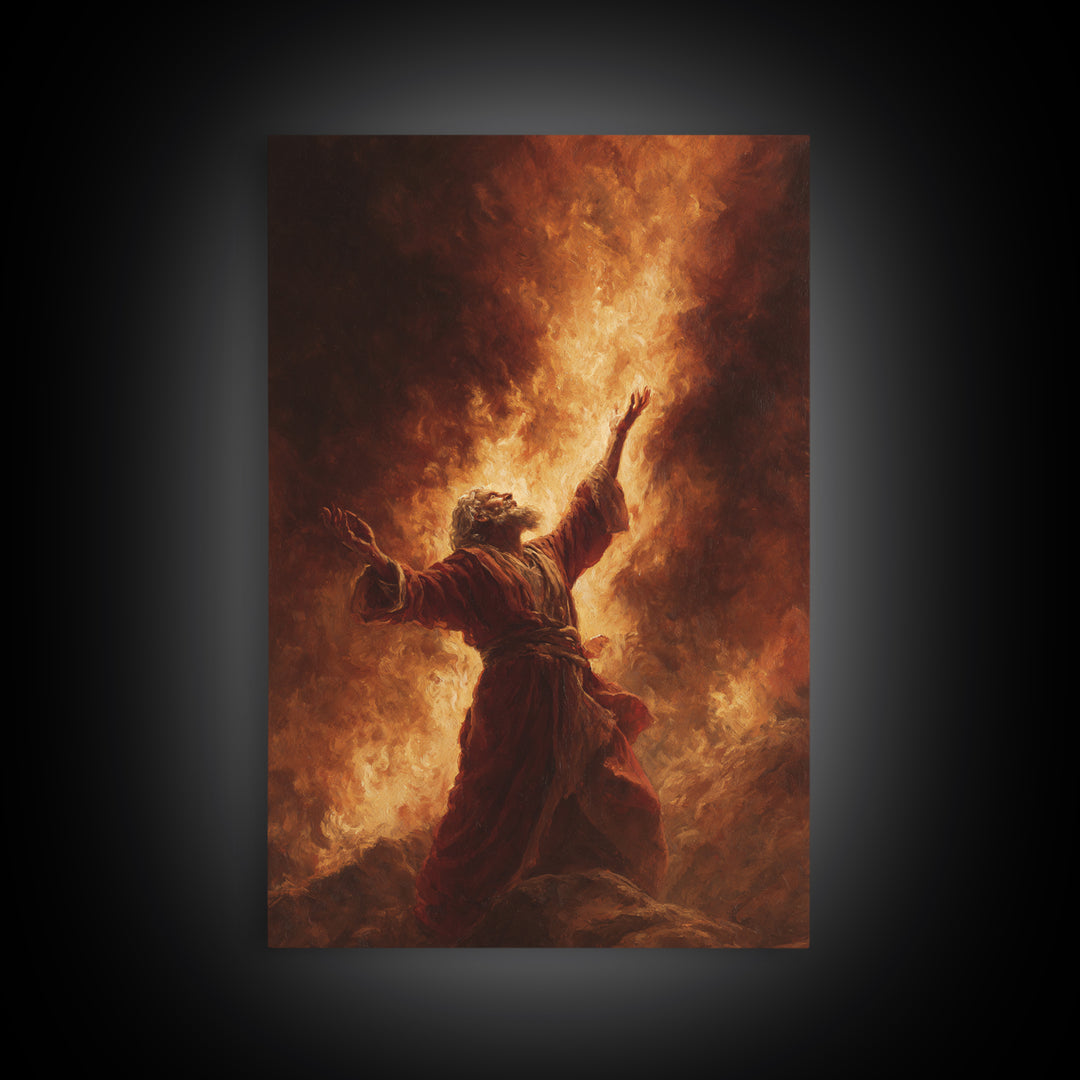 Dramatic Figure Kneeling With Angelic Being Bathed In Radiant Light Religious Spiritual Wall Art Framed Canvas Print For Inspirational Decor