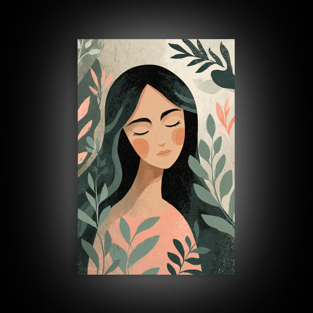 Serene Botanical Woman Portrait Wall Art, Feminine Boho Decor, Modern Illustration Print, Nature Inspired Art, Gift For Her