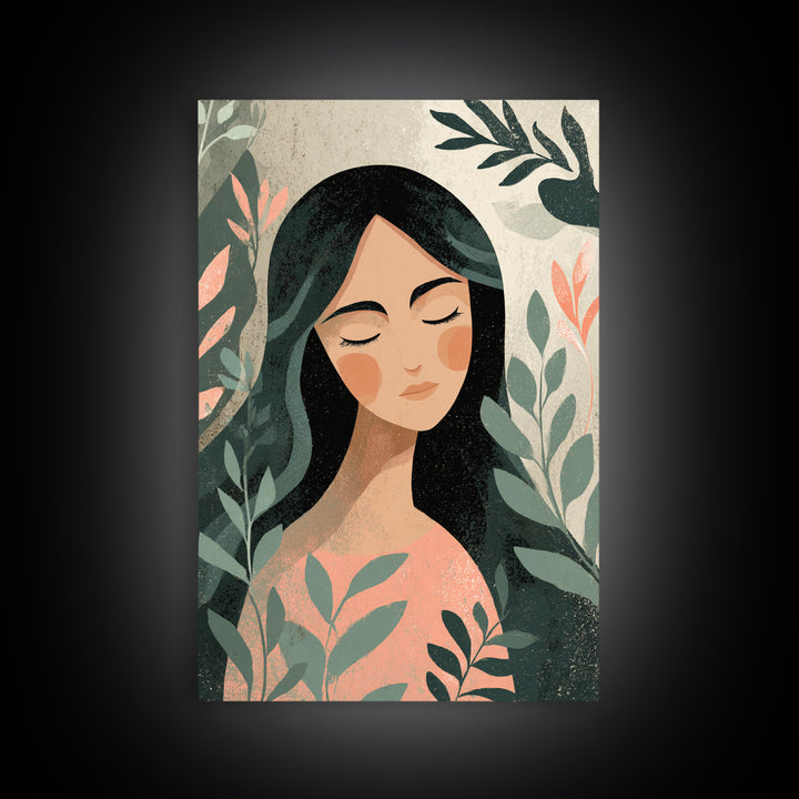 Serene Botanical Woman Portrait Wall Art, Feminine Boho Decor, Modern Illustration Print, Nature Inspired Art, Gift For Her