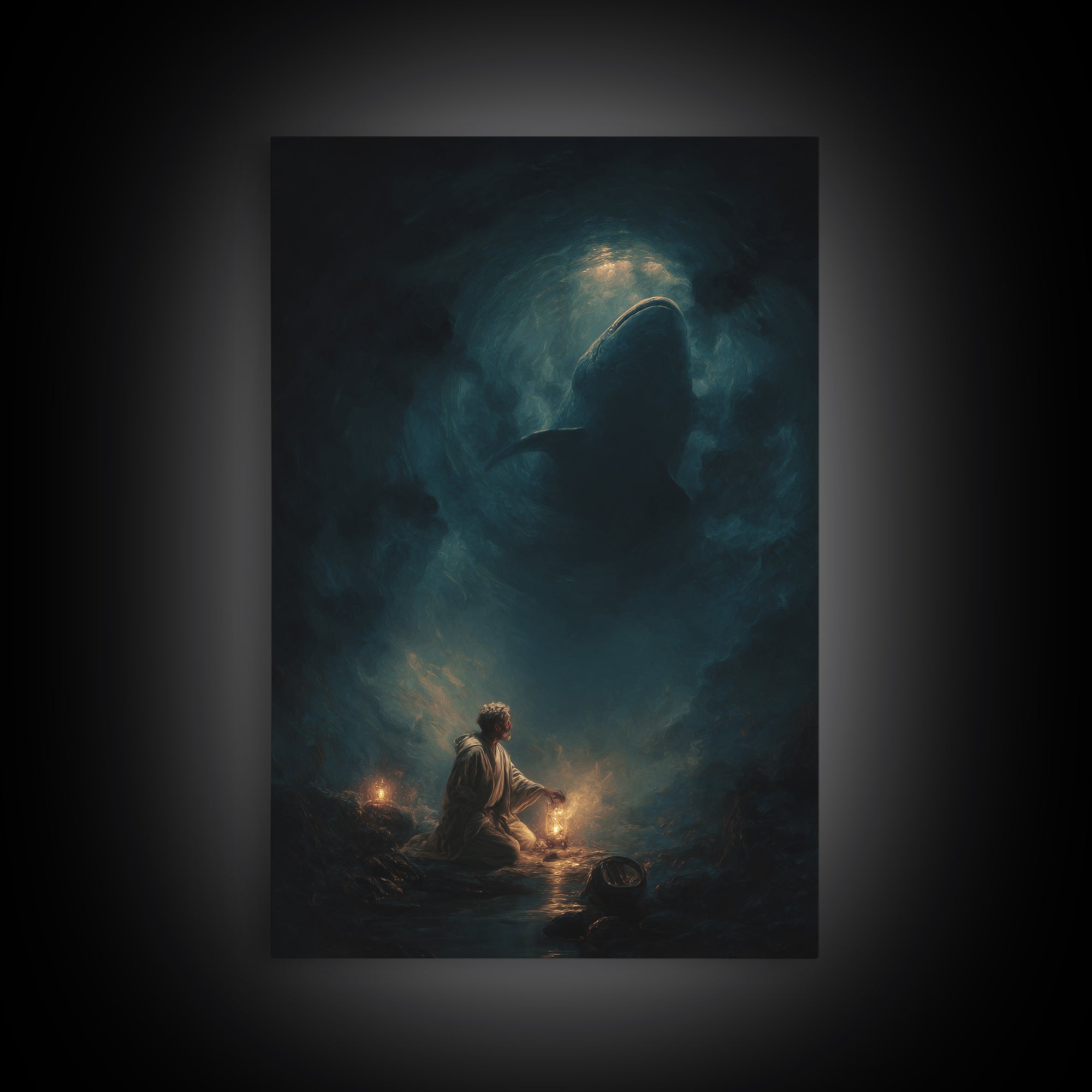 Underwater Dark Shark Illustration Mystical Ocean Scene Moody Wall Art - Canvas Print For Nautical Living Room Decor