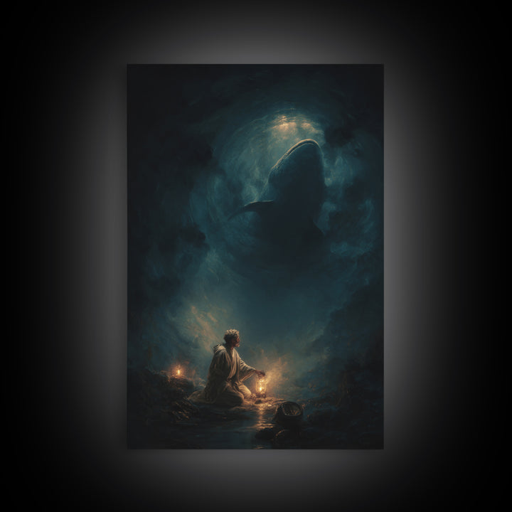 Underwater Dark Shark Illustration Mystical Ocean Scene Moody Wall Art - Canvas Print For Nautical Living Room Decor