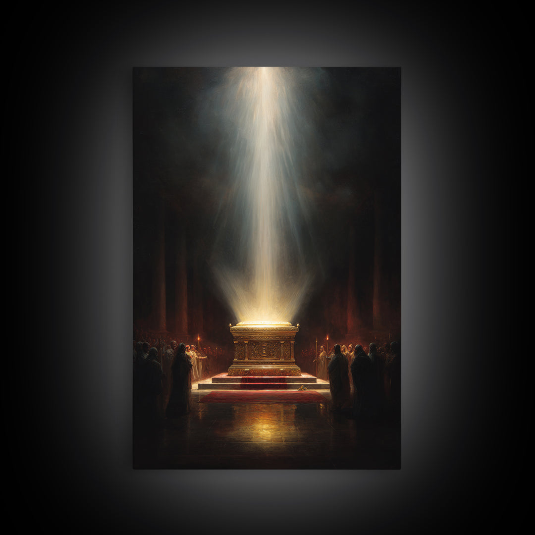 Golden Glowing Ark Illuminated By Light Rays Wall Art Framed Canvas Print For Religious Home Decor Gift