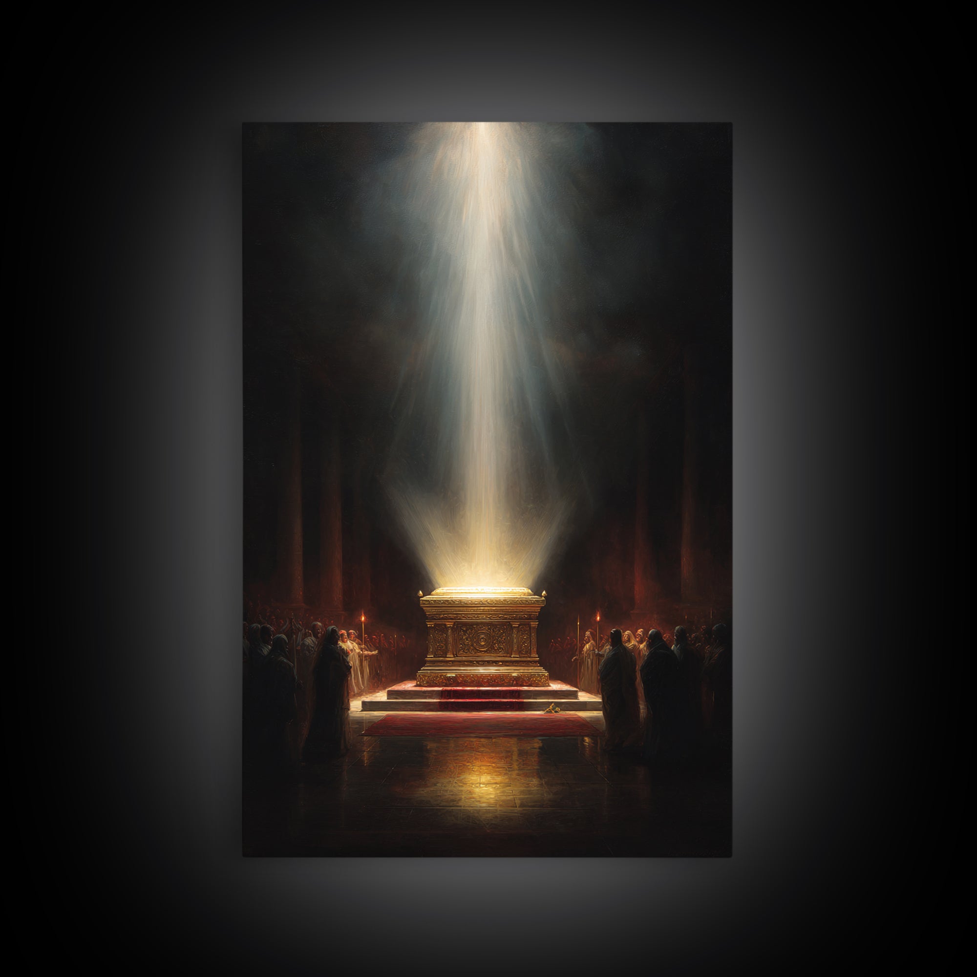 Golden Glowing Ark Illuminated By Light Rays Wall Art Framed Canvas Print For Religious Home Decor Gift