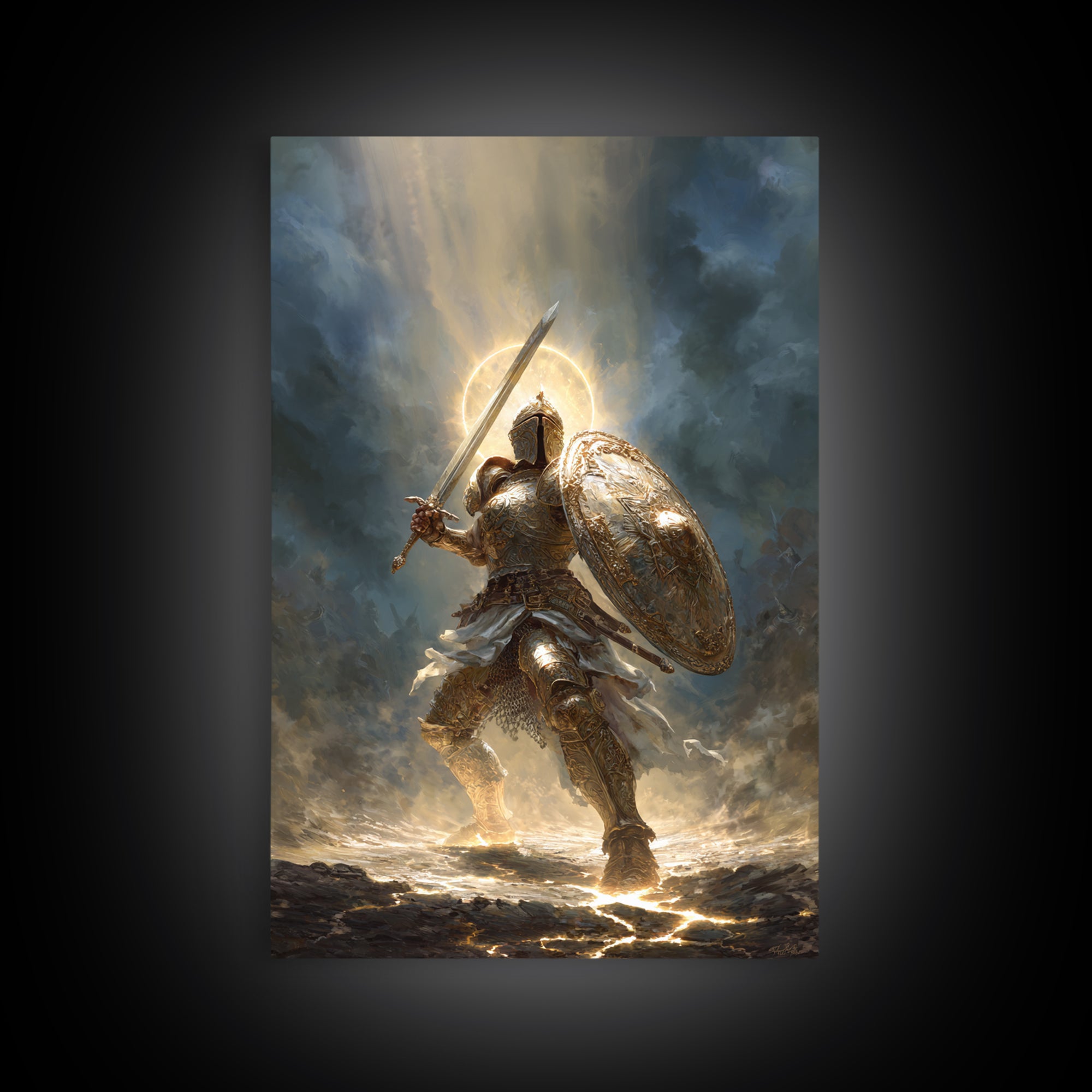 Heroic Knight In Golden Armor Digital Painting Canvas Print Wall Art For Medieval Decor And Fantasy Room Accent