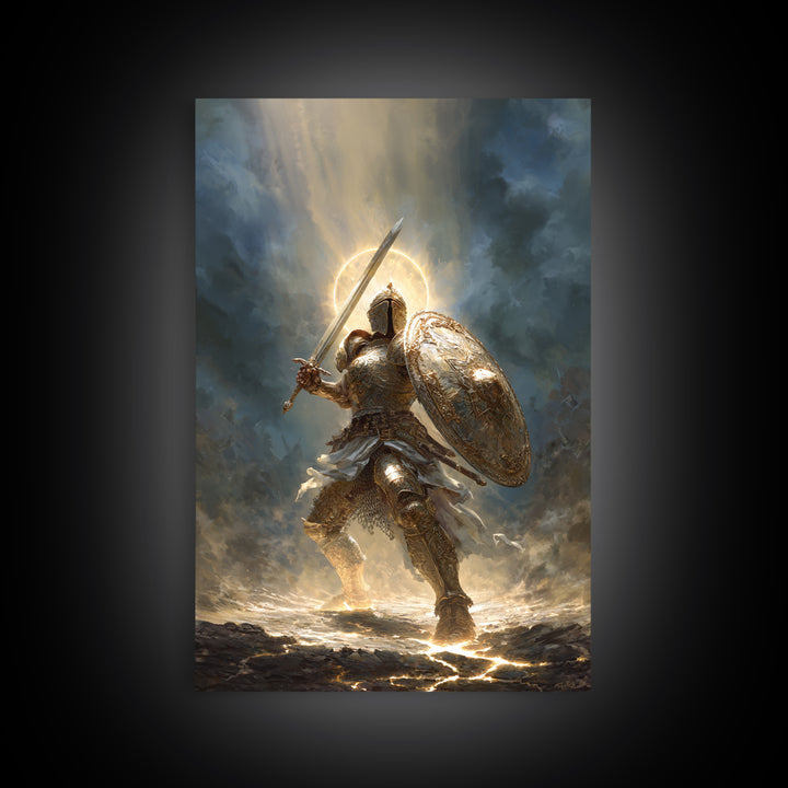 Heroic Knight In Golden Armor Digital Painting Canvas Print Wall Art For Medieval Decor And Fantasy Room Accent