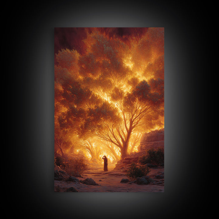 Fiery Forest Landscape With Lone Figure At Sunset | Contemporary Art Wall Art Canvas Print For Living Room Decor