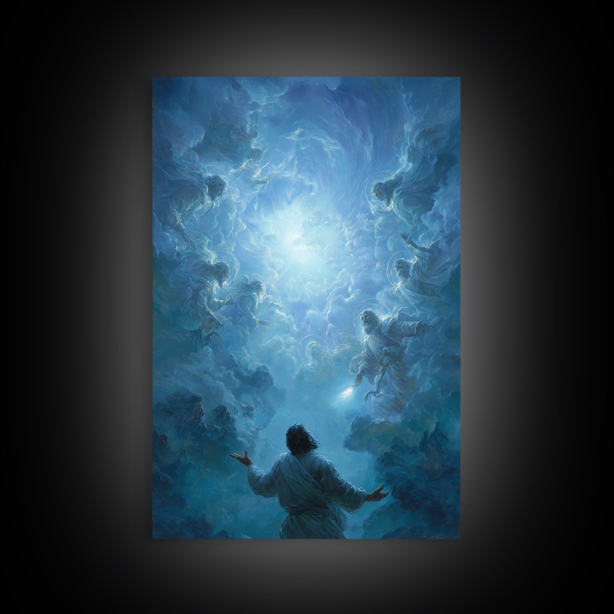 Celestial Encounter With Divine Figures In Blue Sky Spiritual Wall Art Framed Canvas Print For Home Decor