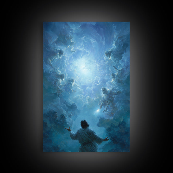 Celestial Encounter With Divine Figures In Blue Sky Spiritual Wall Art Framed Canvas Print For Home Decor