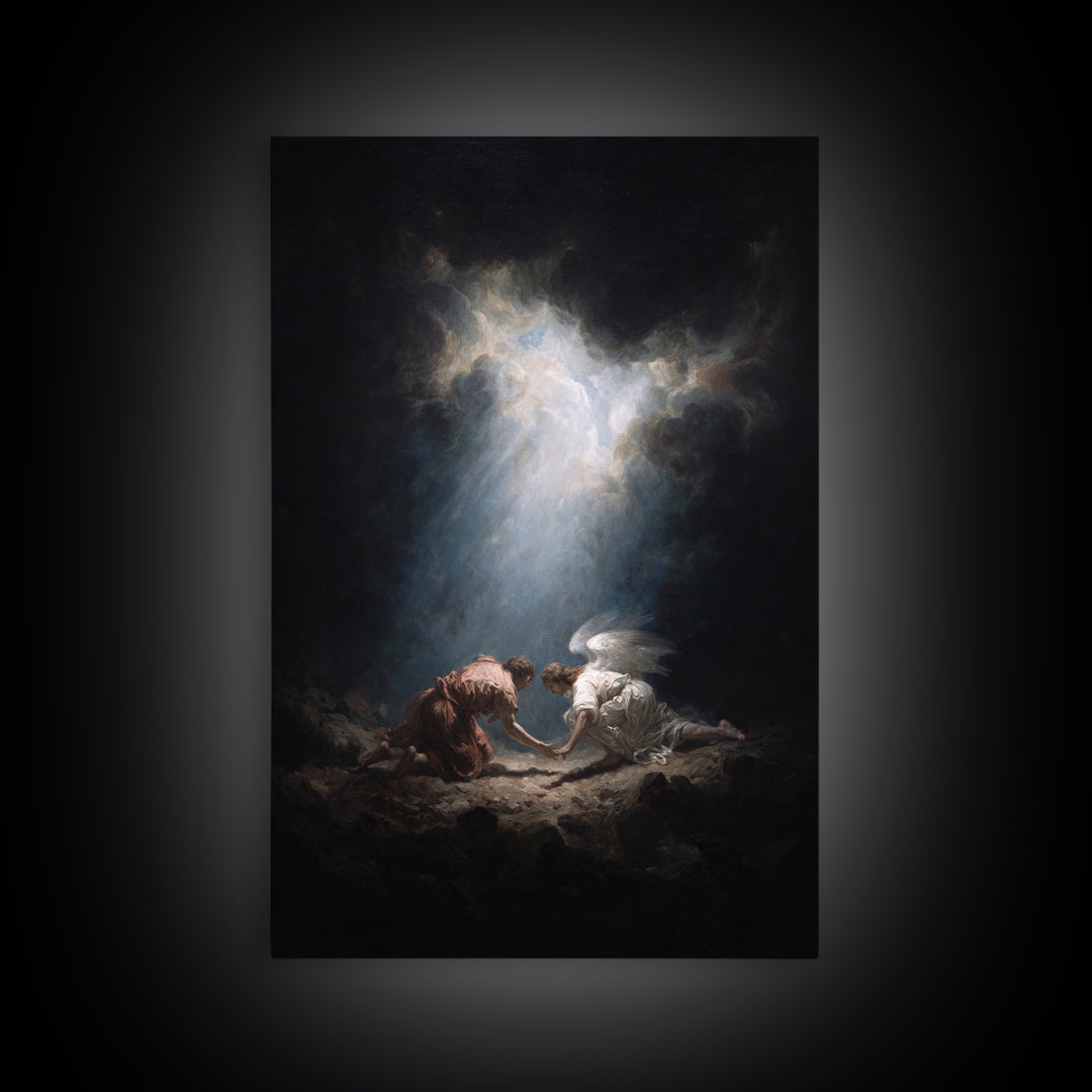 Mystical Religious Scene Angel And Figure In Light Rays Spiritual Wall Art Framed Canvas Print Calming Fine Art For Bedroom Decor