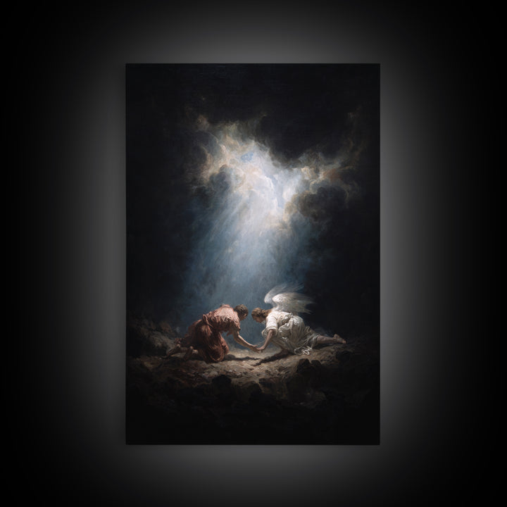 Mystical Religious Scene Angel And Figure In Light Rays Spiritual Wall Art Framed Canvas Print Calming Fine Art For Bedroom Decor