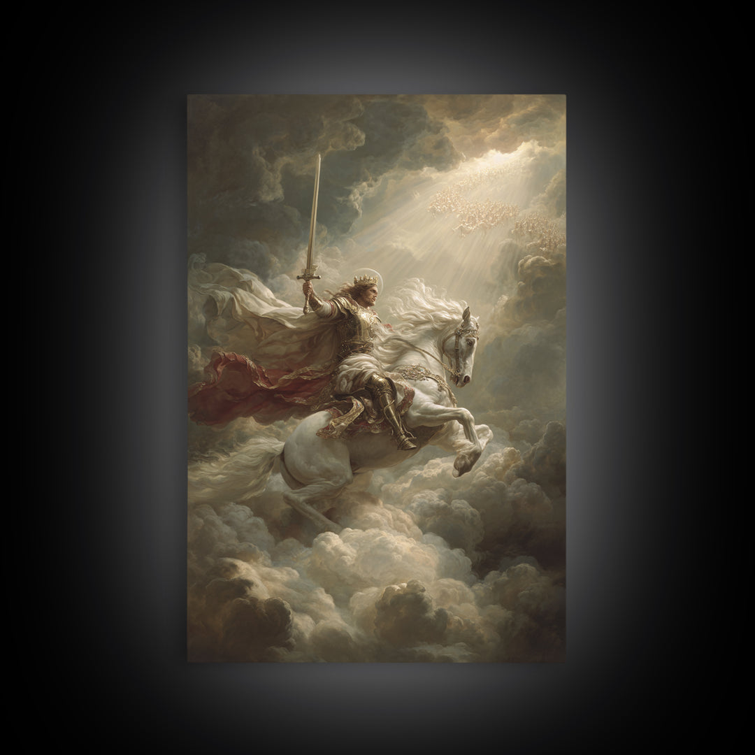 Majestic Knight On White Horse Charging Through Clouds Oil Painting Canvas Print For Romantic Bedroom Decor And Fantasy Art