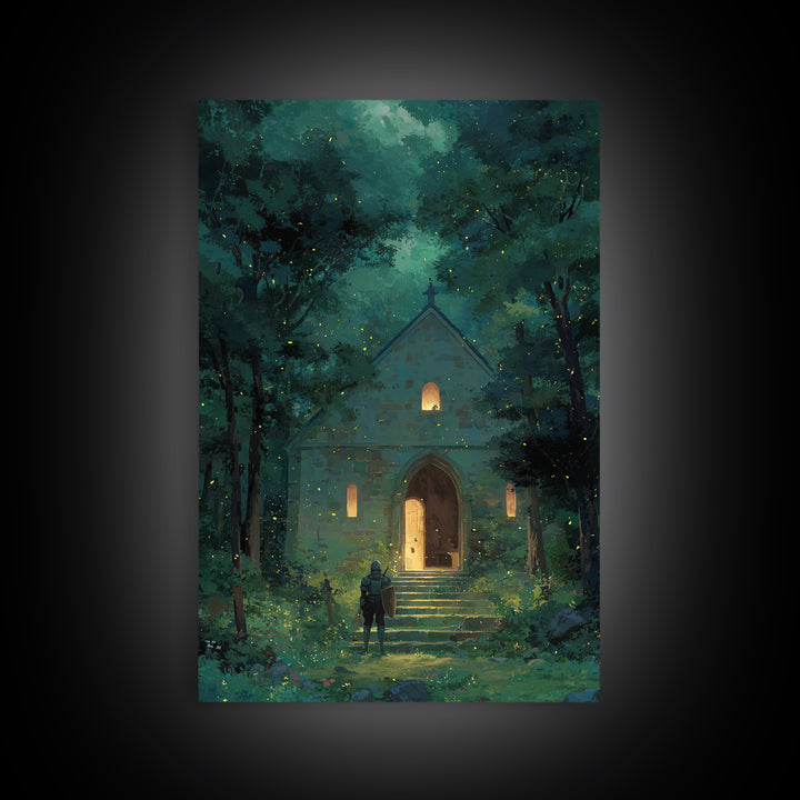 Knight Approaching Enchanted Forest Chapel With Fireflies At Dusk Wall Art Framed Canvas Print For Bedroom Decor