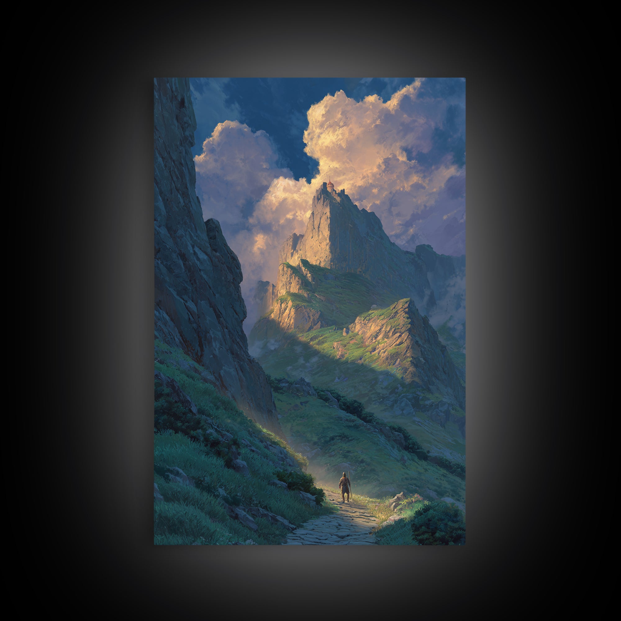 Epic Mountain Landscape With Brave Knight Walking Path Dramatic Sky Fine Art Canvas Print For Living Room