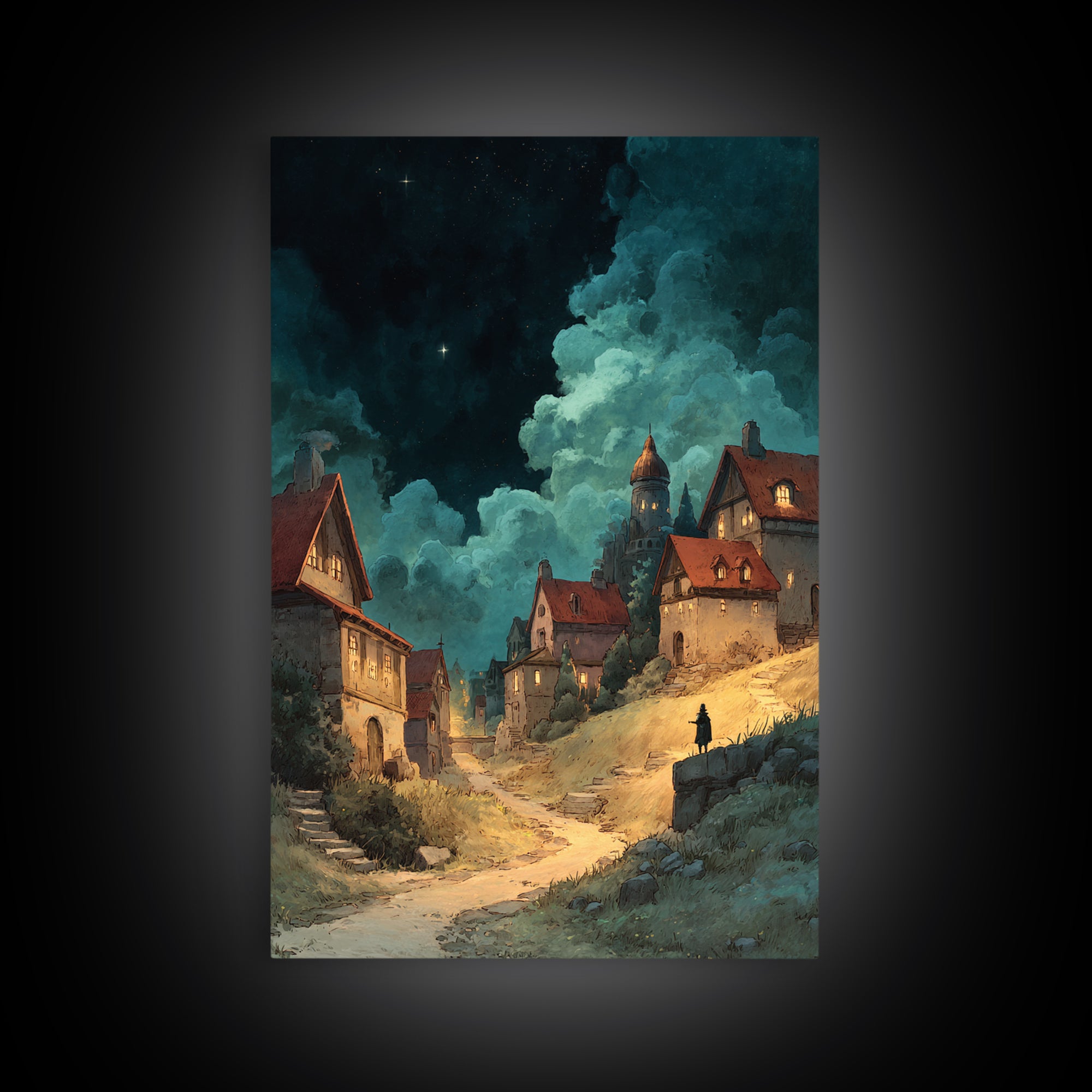 Fantasy Village Landscape With Glowing Lights At Night Framed Canvas Print Large Wall Art For Living Room