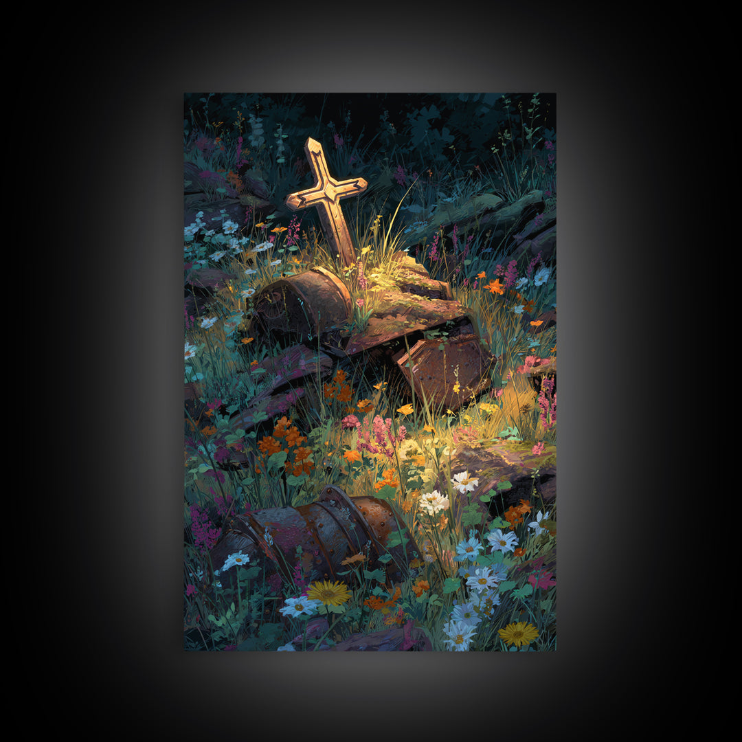 Overgrown Ruins With Flowers Fantasy Landscape Digital Painting Wall Art Canvas Print Unique Nature Inspired Home Decor