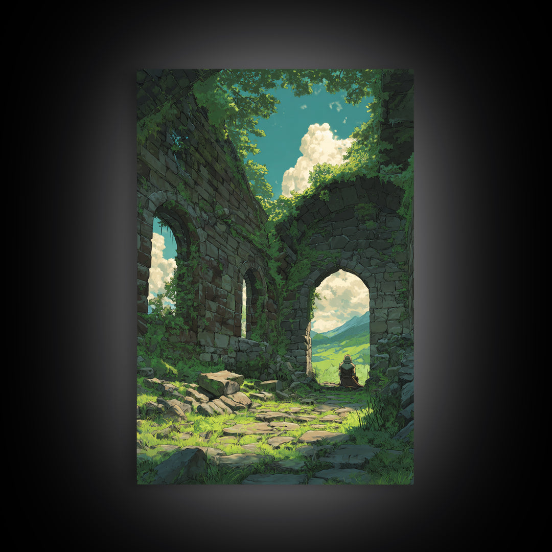 Mystical Forest Ruins With Lush Greenery And Blue Sky Fantasy Digital Art Wall Art Canvas Print For Nature Lovers