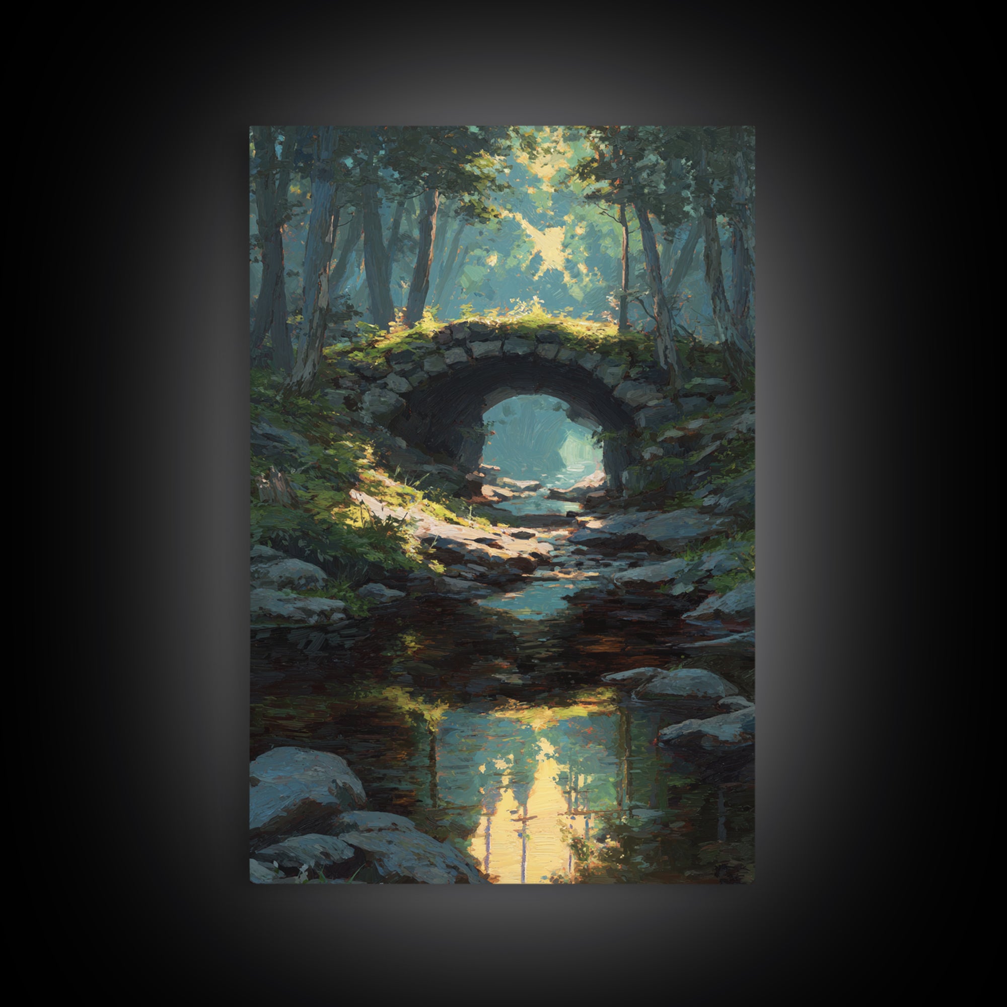 Serene Forest Path Under Stone Bridge With Dappled Sunlight Original Oil Painting Wall Art Framed Canvas Print