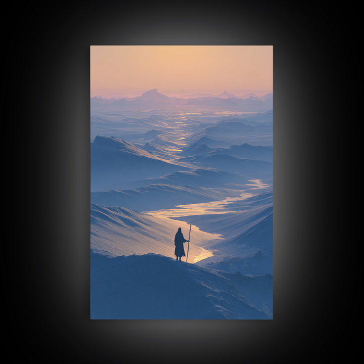 Serene Blue Mountain Landscape With Lone Traveler Canvas Print Tranquil Wall Art Framed Home Decor