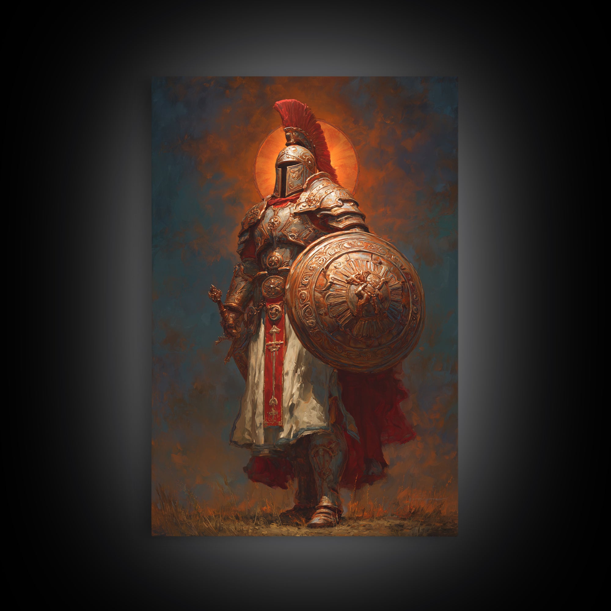 Powerful Ancient Roman Warrior Painting With Gold Armor And Red Plume Wall Art Historical Canvas Print Home Decor