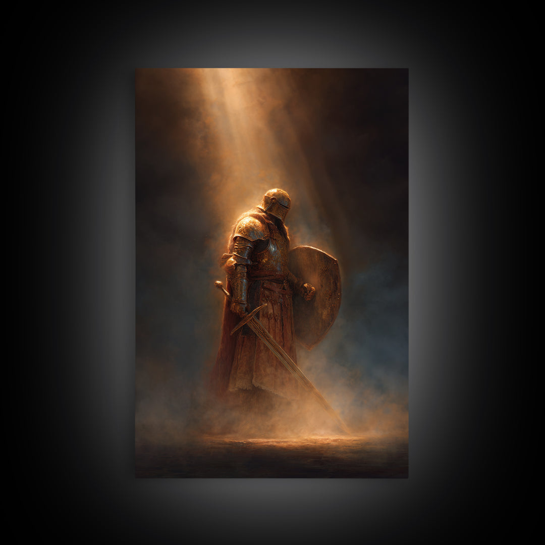 Knight With Sword And Shield Medieval Artwork Dark Fantasy Wall Art Decor Framed Canvas Print
