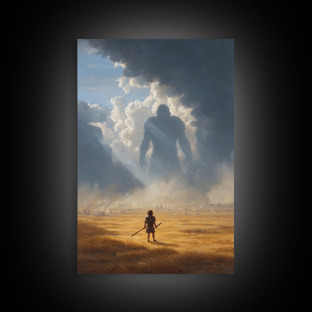 Epic Battle Scene With Warrior Facing Giant Shadow In Dramatic Landscape Wall Art Canvas Print