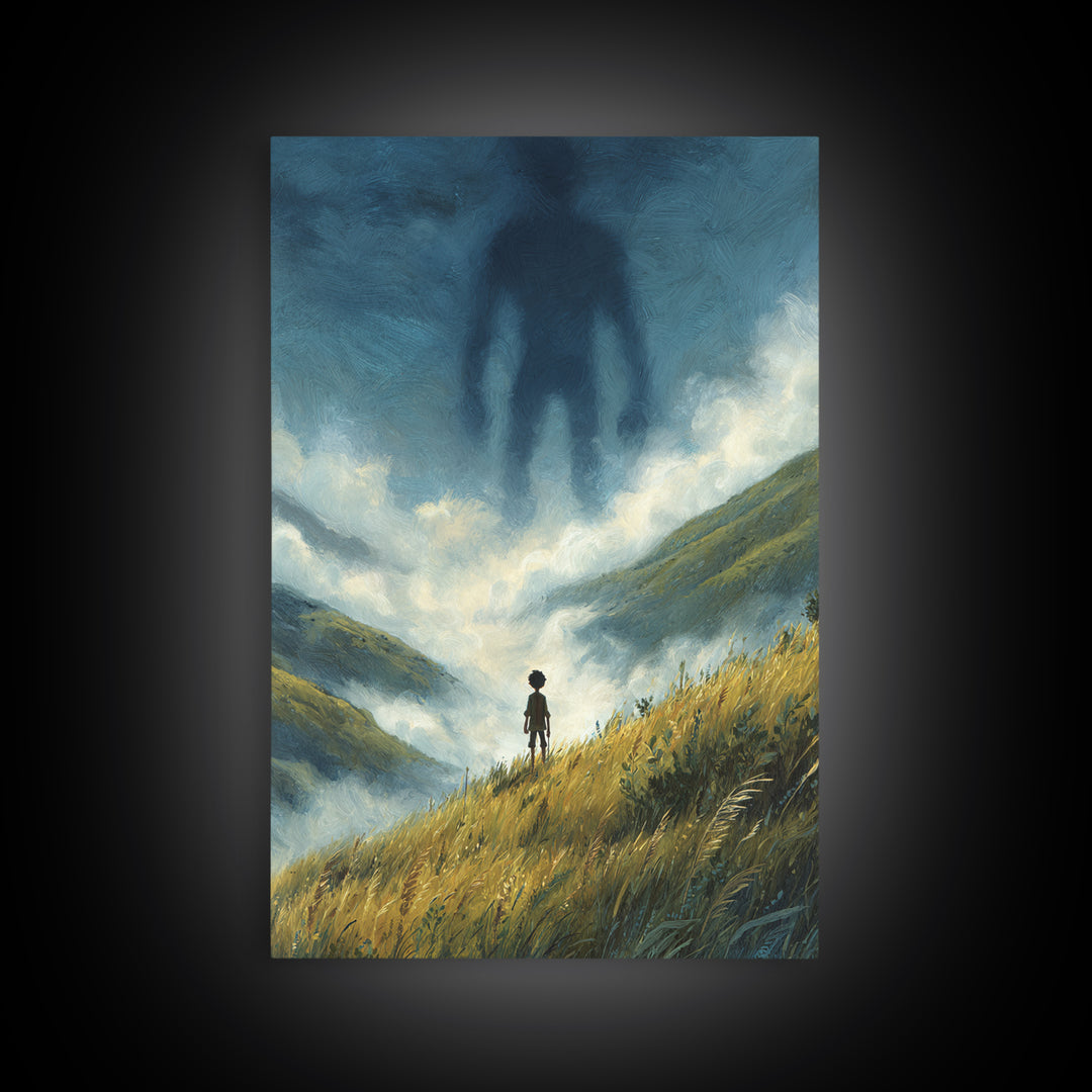 Misty Valley With Lone Boy Facing Giant Shadow Figure Atmospheric Surreal Art Wall Art Canvas Print