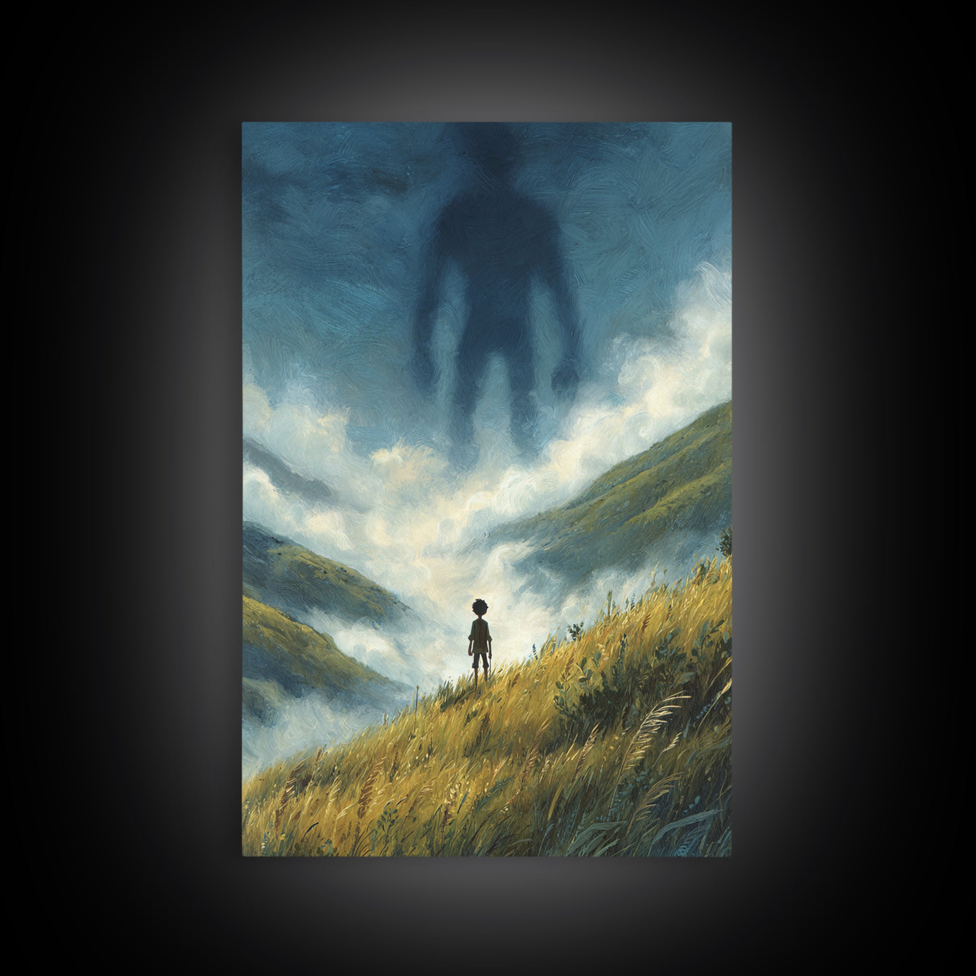 Misty Valley With Lone Boy Facing Giant Shadow Figure Atmospheric Surreal Art Wall Art Canvas Print