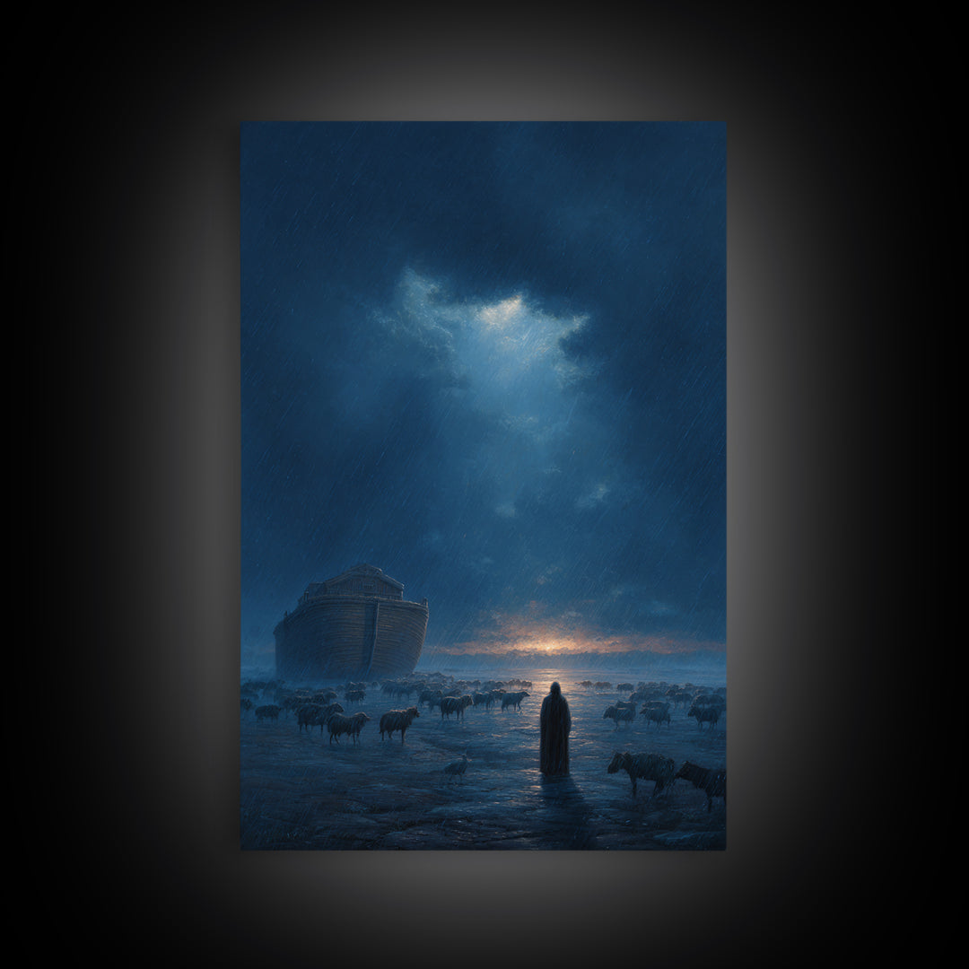 Dramatic Rainy Night With Ark And Shepherd Surrounded By Sheep Wall Art Framed Canvas Print For Home Decor