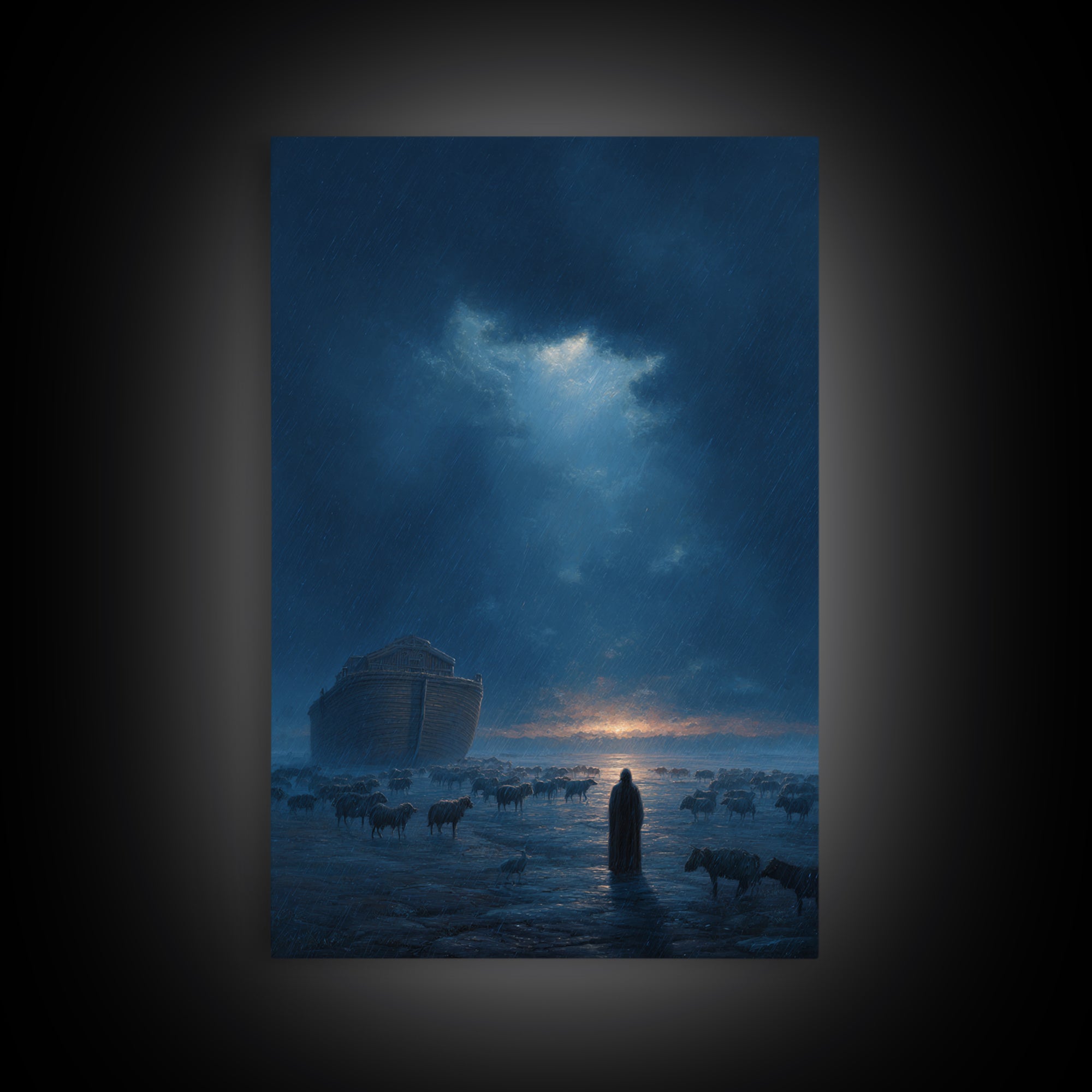 Dramatic Rainy Night With Ark And Shepherd Surrounded By Sheep Wall Art Framed Canvas Print For Home Decor