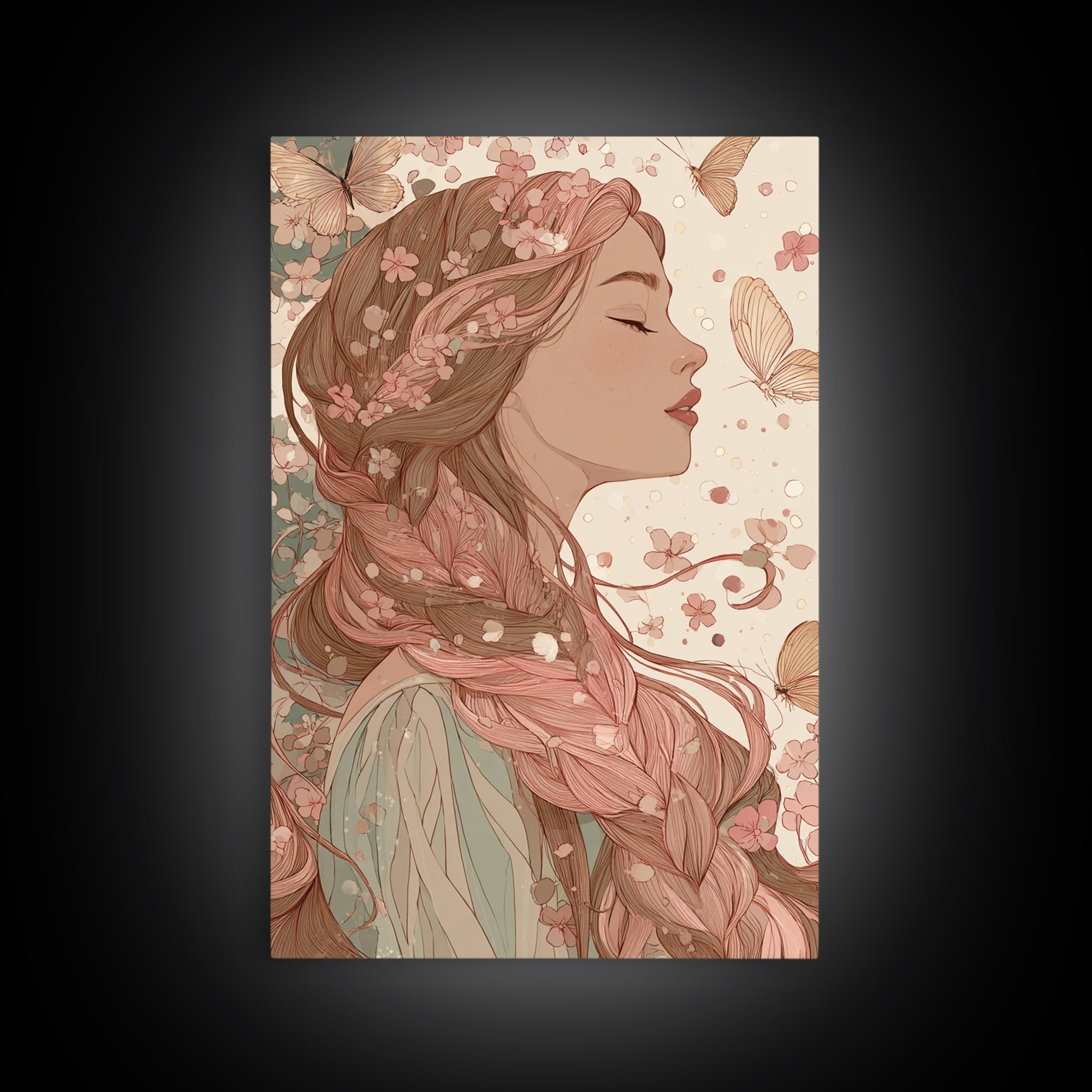 Art Nouveau Woman With Butterflies Framed Canvas Print, Feminine Wall Art, Floral Portrait, Romantic Bedroom Decor, Gift For Her