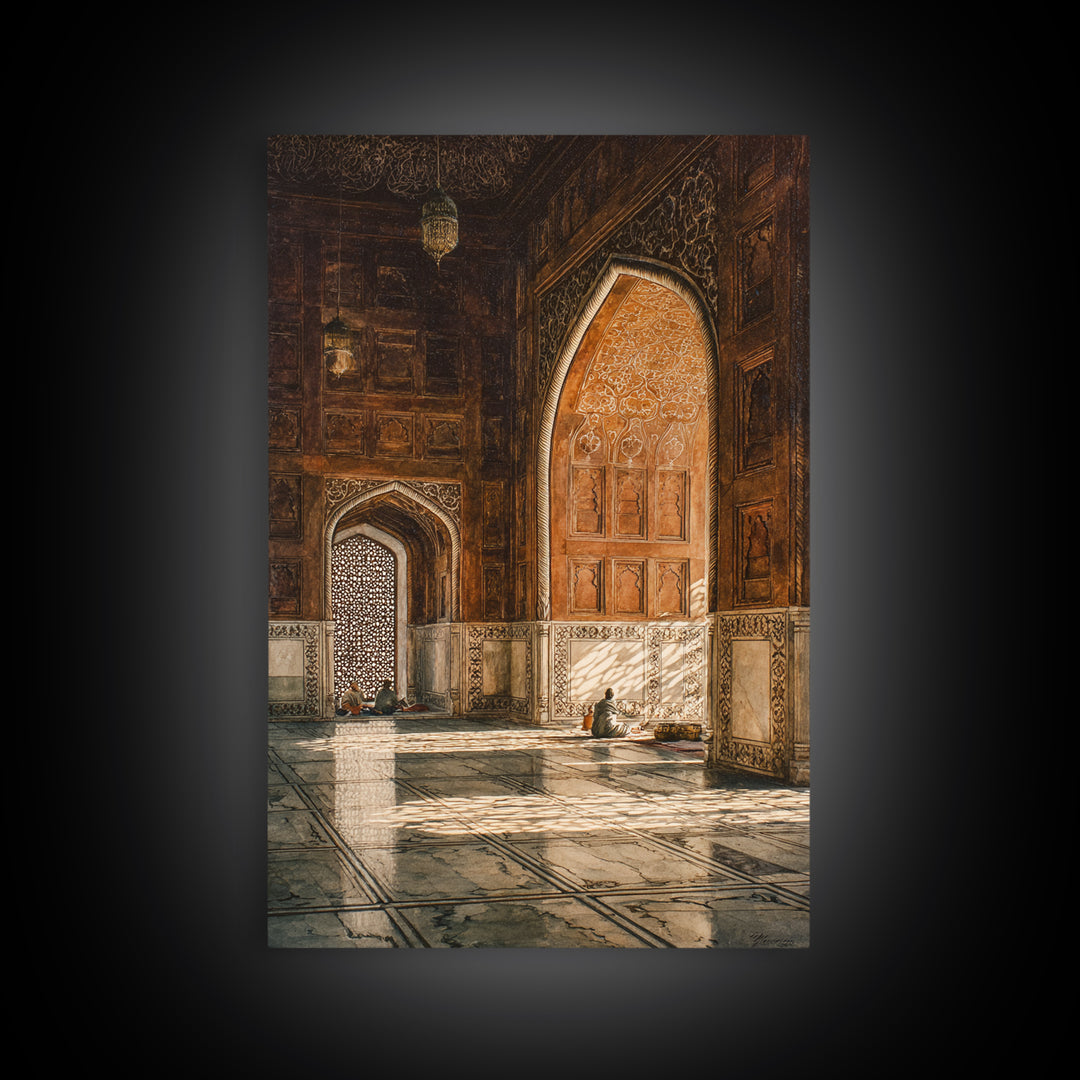 Sunlit Mosque Interior Painting With Intricate Archways Canvas Print Wall Art For Islamic Decor And Spiritual Ambiance