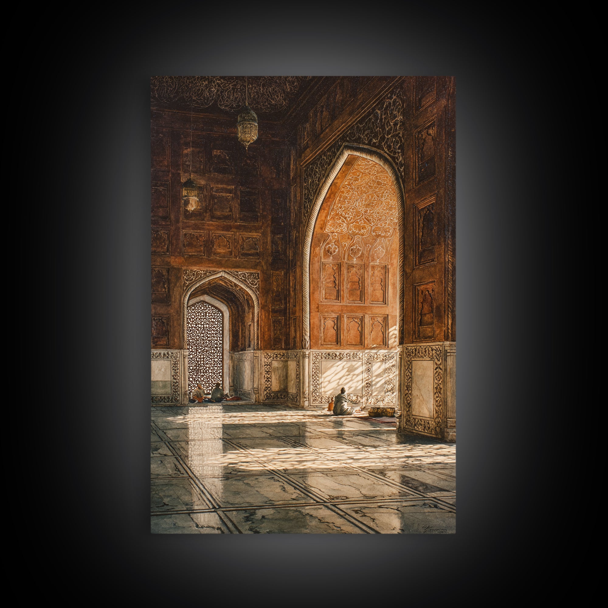 Sunlit Mosque Interior Painting With Intricate Archways Canvas Print Wall Art For Islamic Decor And Spiritual Ambiance