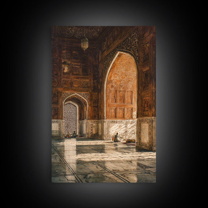 Sunlit Mosque Interior Painting With Intricate Archways Canvas Print Wall Art For Islamic Decor And Spiritual Ambiance