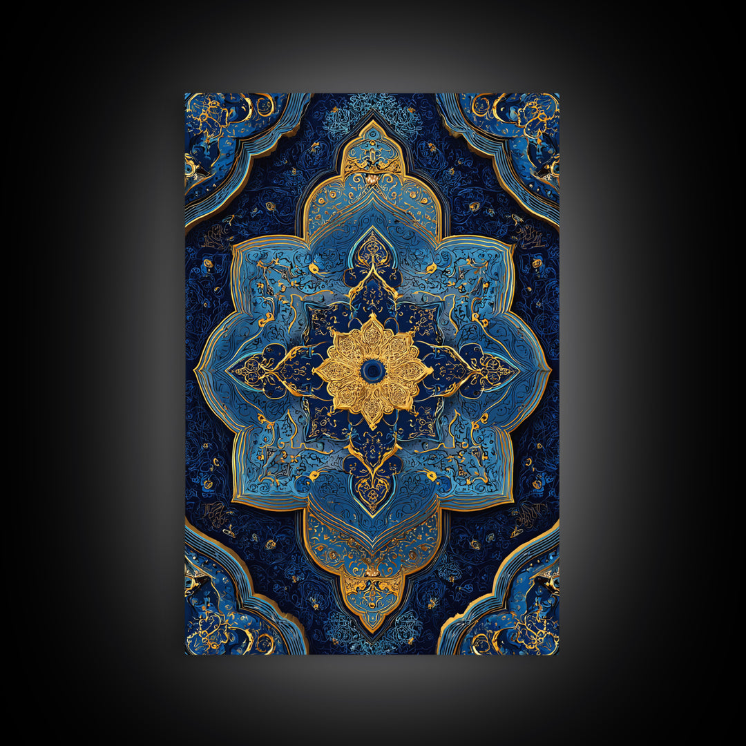 Luxurious Blue And Gold Ornate Mandala Pattern Modern Wall Decor Framed Canvas Print For Elegant Spaces