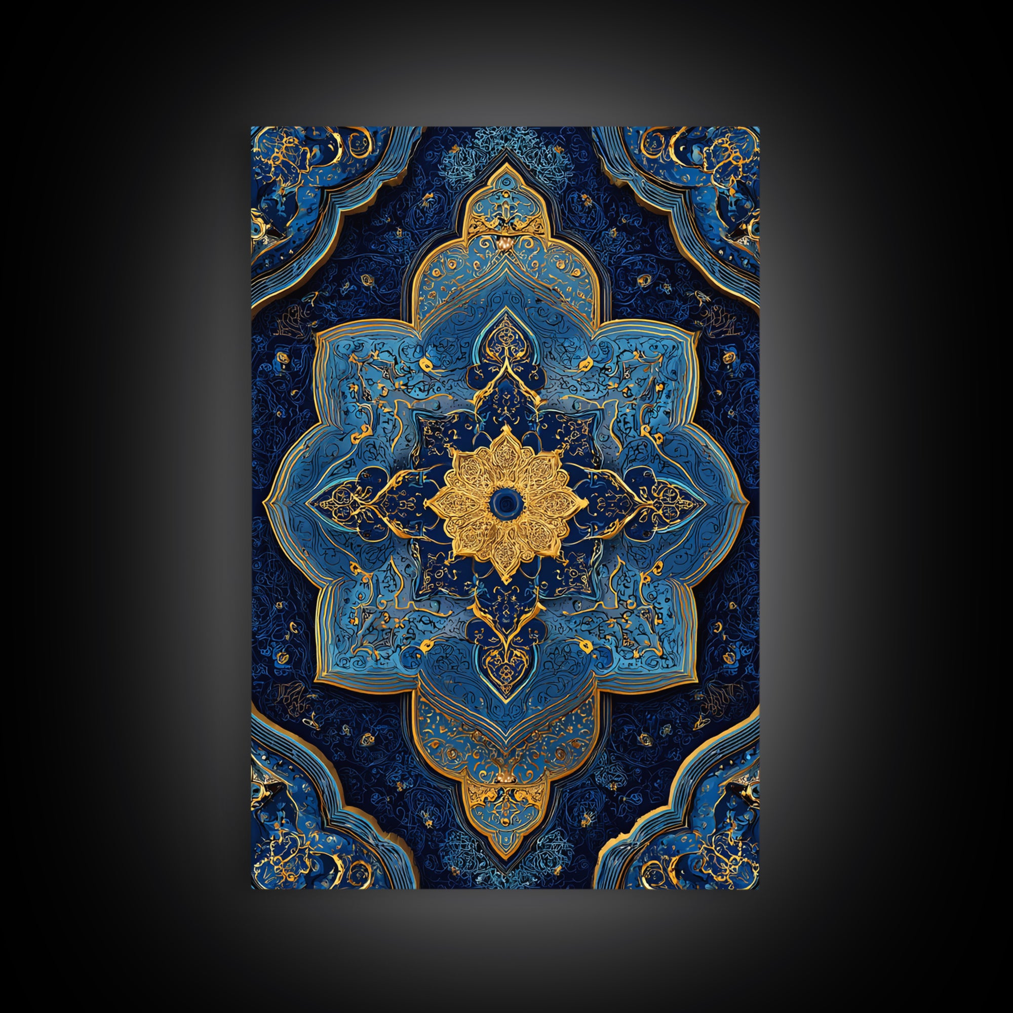 Luxurious Blue And Gold Ornate Mandala Pattern Modern Wall Decor Framed Canvas Print For Elegant Spaces