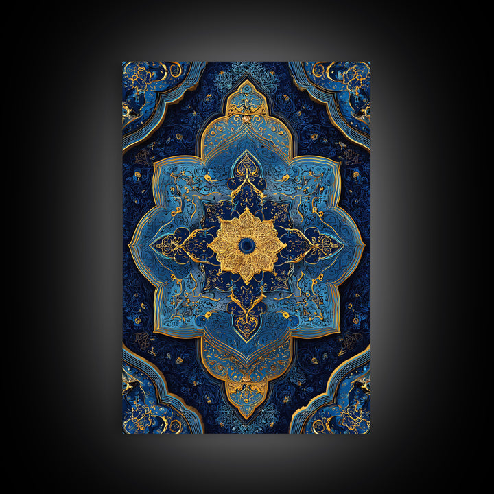 Luxurious Blue And Gold Ornate Mandala Pattern Modern Wall Decor Framed Canvas Print For Elegant Spaces
