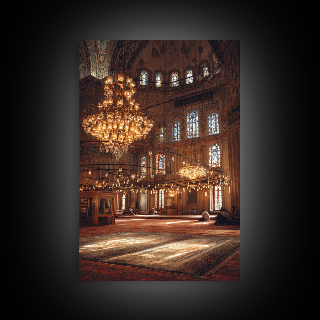 Beautiful Large Chandelier Lightning Historic Mosque Interior - Fine Art Wall Art Framed Canvas Print For Spiritual Spaces