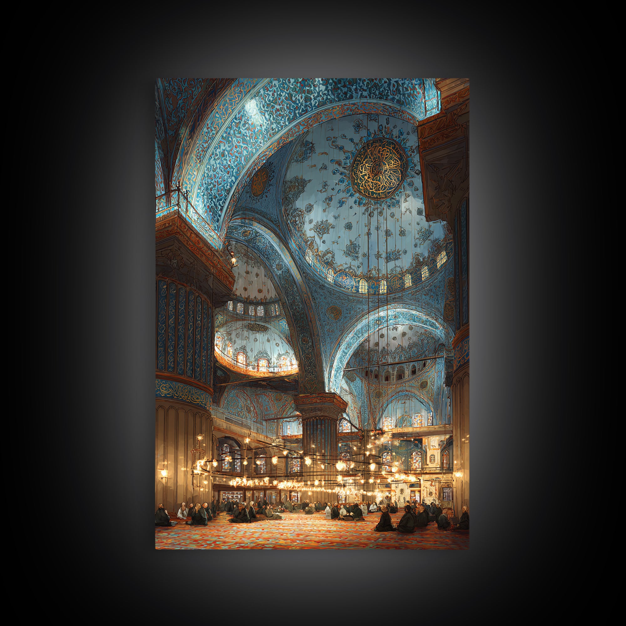 Intricate Islamic Blue Mosque Interior Wall Art Framed Canvas Print Religious Home Decor Spiritual Art Print