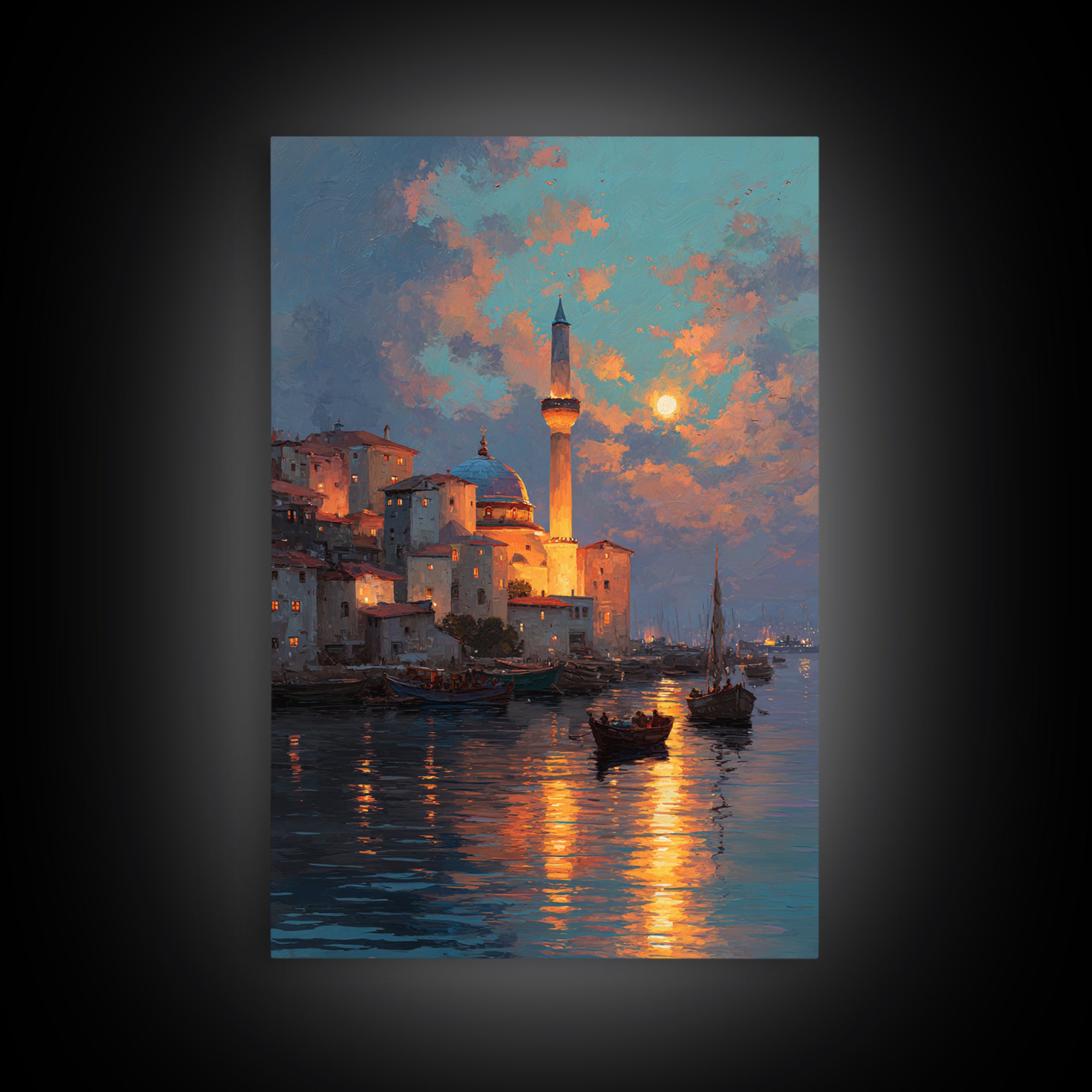 Golden Hour Coastal Landscape With Sword In Beach Sand Dramatic Sunset Painting Canvas Print For Unique Home Decor Wall Art