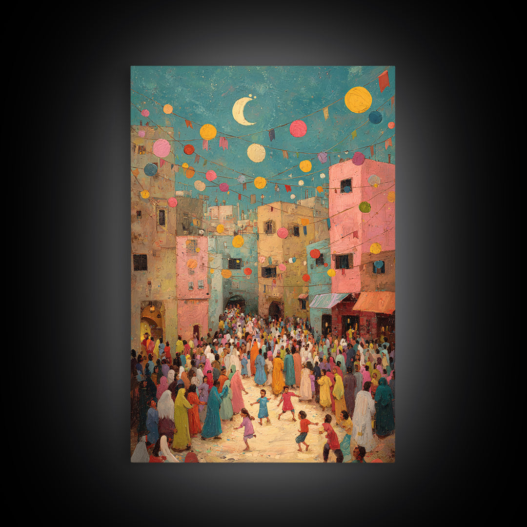 Colorful Festive Middle Eastern Street Scene With Moon And Lanterns Wall Art Framed Canvas Print