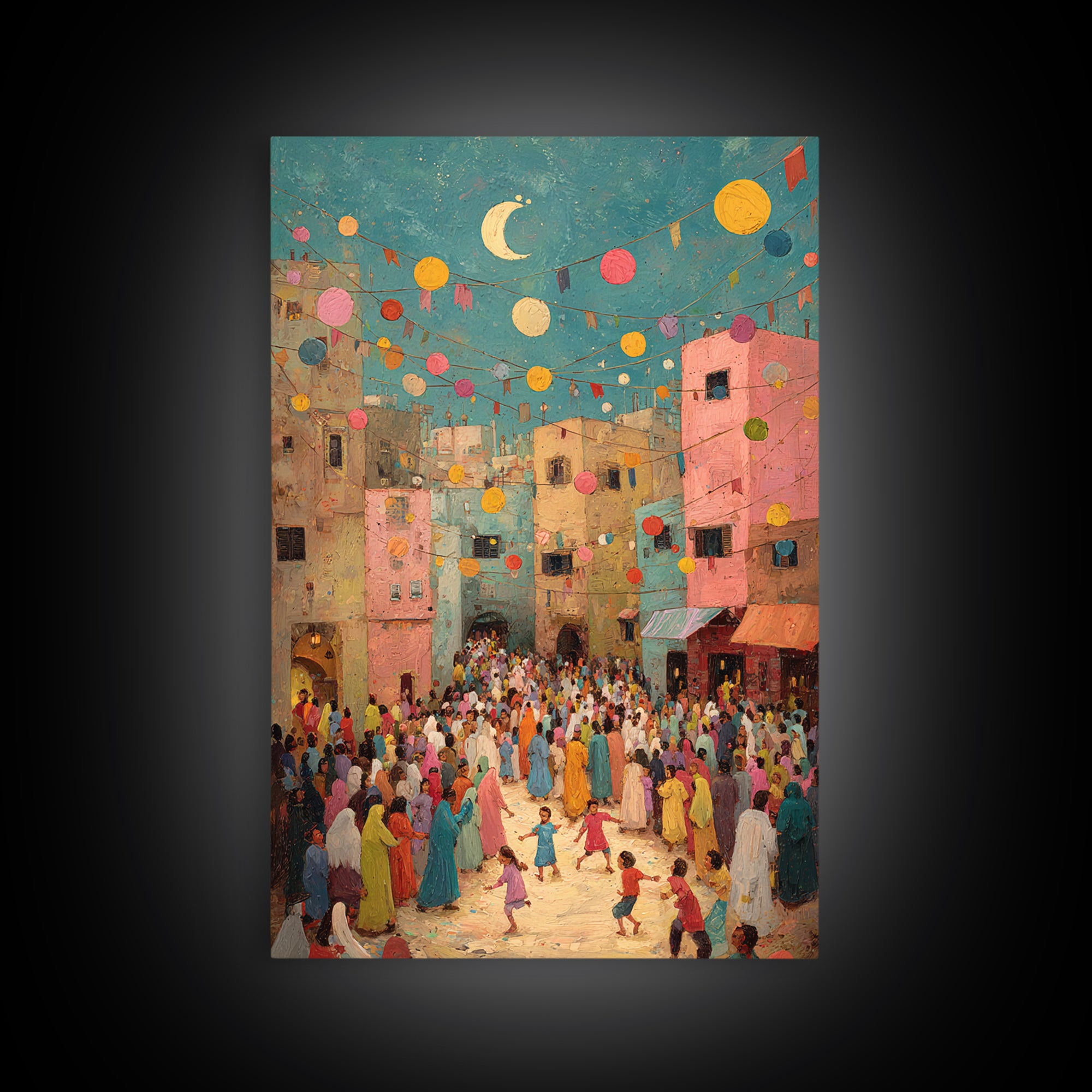 Colorful Festive Middle Eastern Street Scene With Moon And Lanterns Wall Art Framed Canvas Print