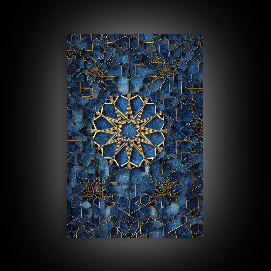 Intricate Blue And Gold Islamic Geometric Wall Art Framed Canvas Print Perfect For Modern Home Decor And Spiritual Spaces