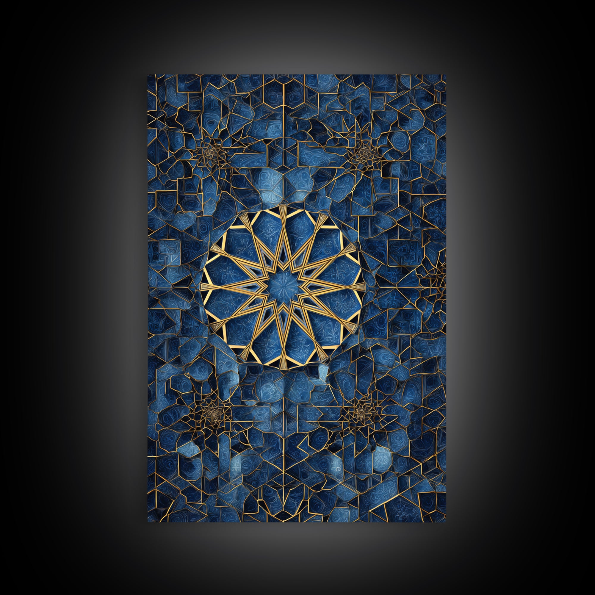 Intricate Blue And Gold Islamic Geometric Wall Art Framed Canvas Print Perfect For Modern Home Decor And Spiritual Spaces