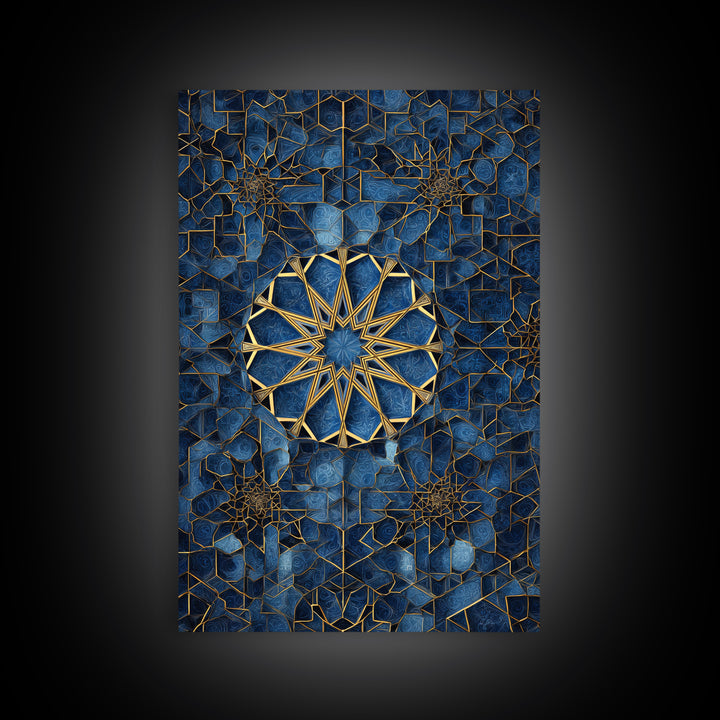 Intricate Blue And Gold Islamic Geometric Wall Art Framed Canvas Print Perfect For Modern Home Decor And Spiritual Spaces