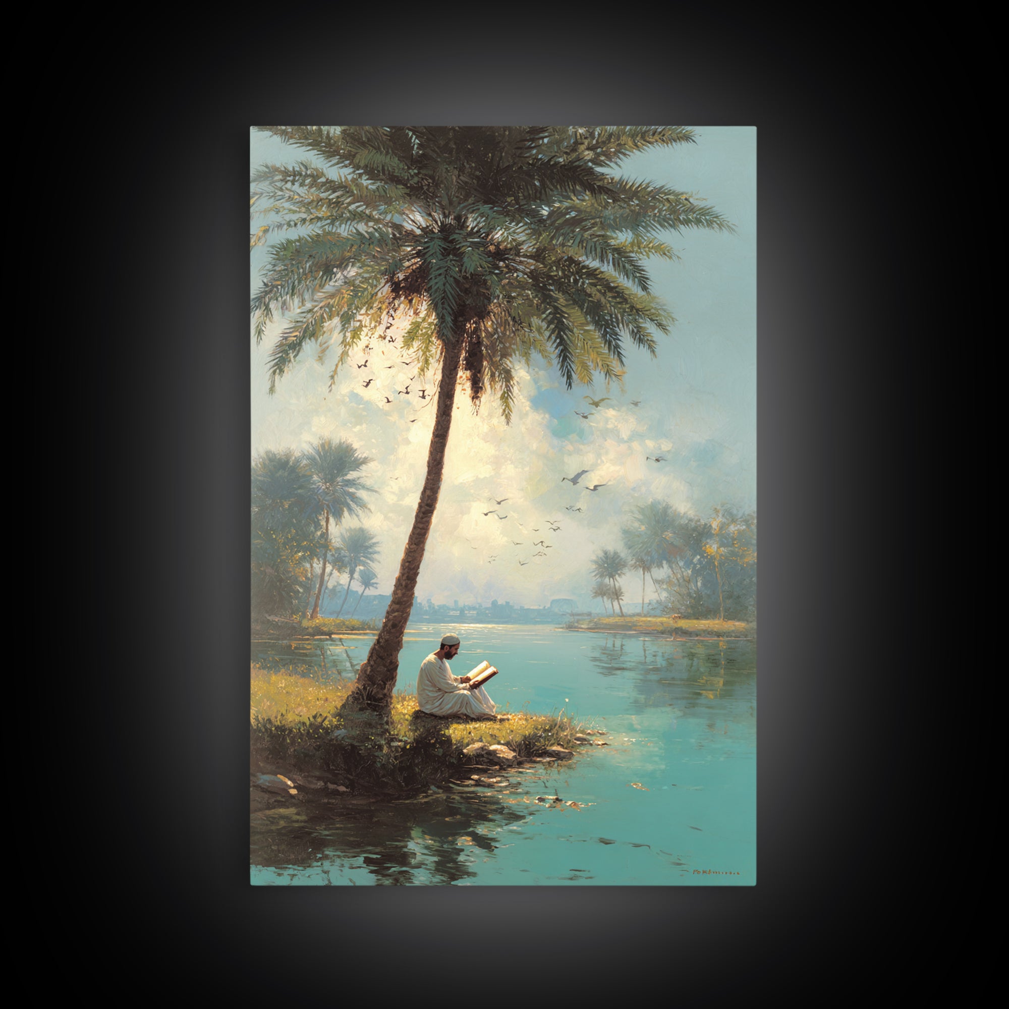 Serene Middle Eastern Landscape With Man Reading By Palm Tree Vintage Style Painting Wall Art Canvas Print