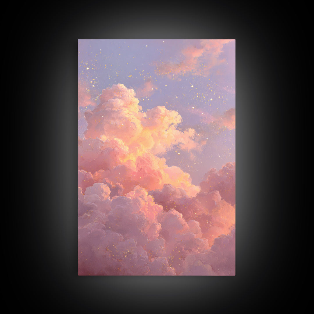 Dreamy Pink Clouds And Starry Sky Canvas Print, Celestial Wall Art, Pastel Nursery Decor, Whimsical Bedroom Art, Gift For Her