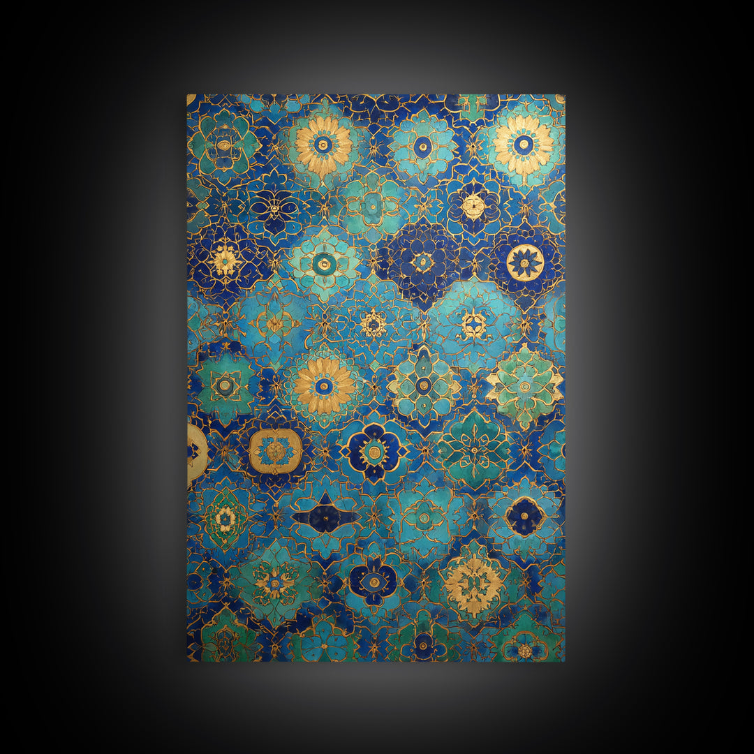 Blue And Gold Islamic Geometric Tile Art Elegant Framed Canvas Print For Traditional Home Decor Or Thoughtful Gift