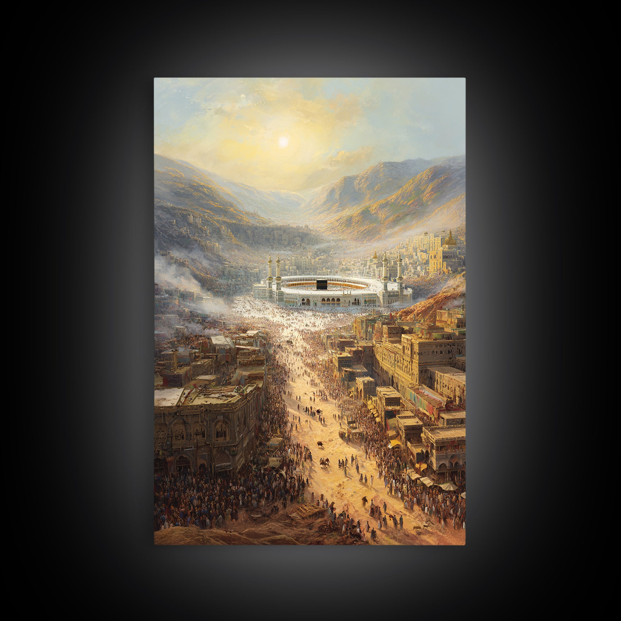 Sunrise Over Crowded Ancient Cityscape With Mountains And Kaaba - Wall Art Framed Canvas Print For Home Decor