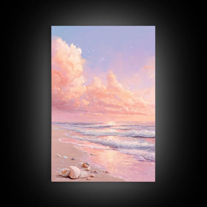 Pastel Ocean Sunrise With Seashells Canvas Print, Coastal Wall Art, Beach House Decor, Seascape Painting, Gift For Her, Home Decor