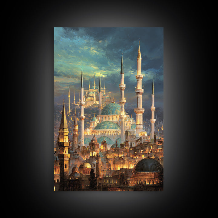 Elegant Cityscape Painting Of Historic Minarets And Domes With Glowing Lights At Dusk Wall Art Canvas Print